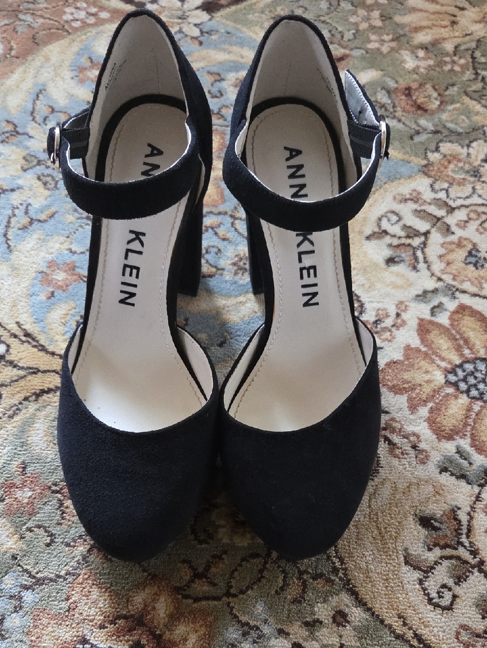 Anne Klein Black Suede Ankle-Strap Block Heels